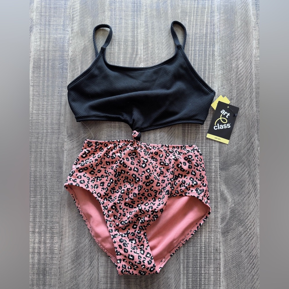 Black Crop Top and Pink Leopard Print High-Waist swimsuit- size XL (14)